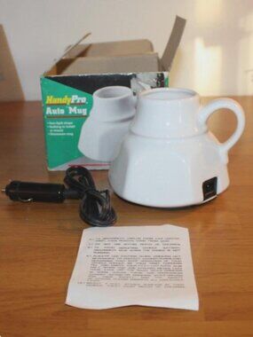 White Auto Mug Handy Pro Non Spill Plugs into Car Lighter Mint in Box